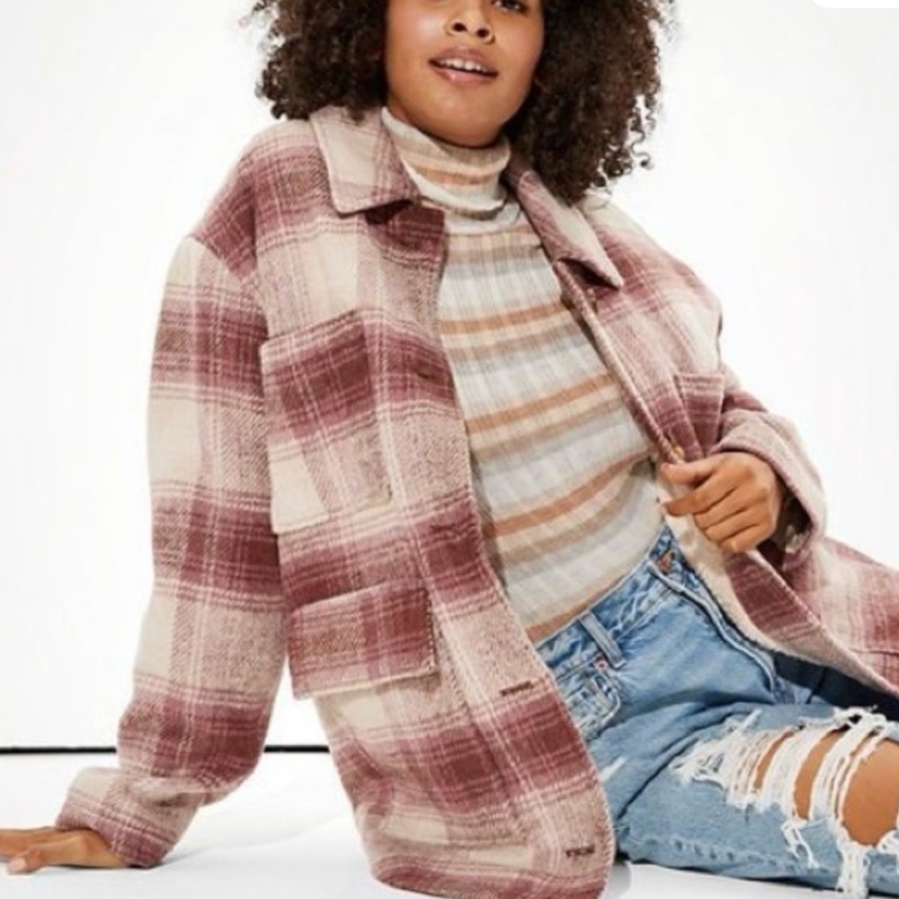 American Eagle Outfitters Plaid Flannel Jacket in Pink and Cream